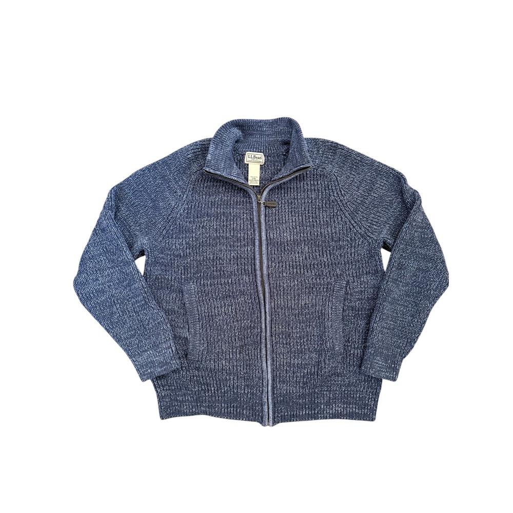 LL Bean Mens Small Blue Marl 100% Cotton Full Zip Shaker Knit Cardigan Sweater